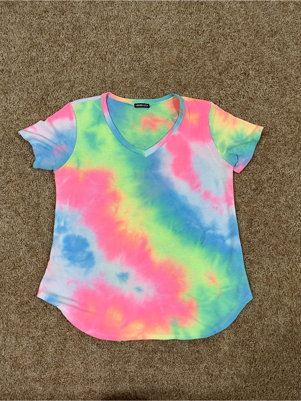 HEIMISH USA Neon Tie-Dye V-Neck Short Sleeve T-Shirt Tee Women’s Size XL